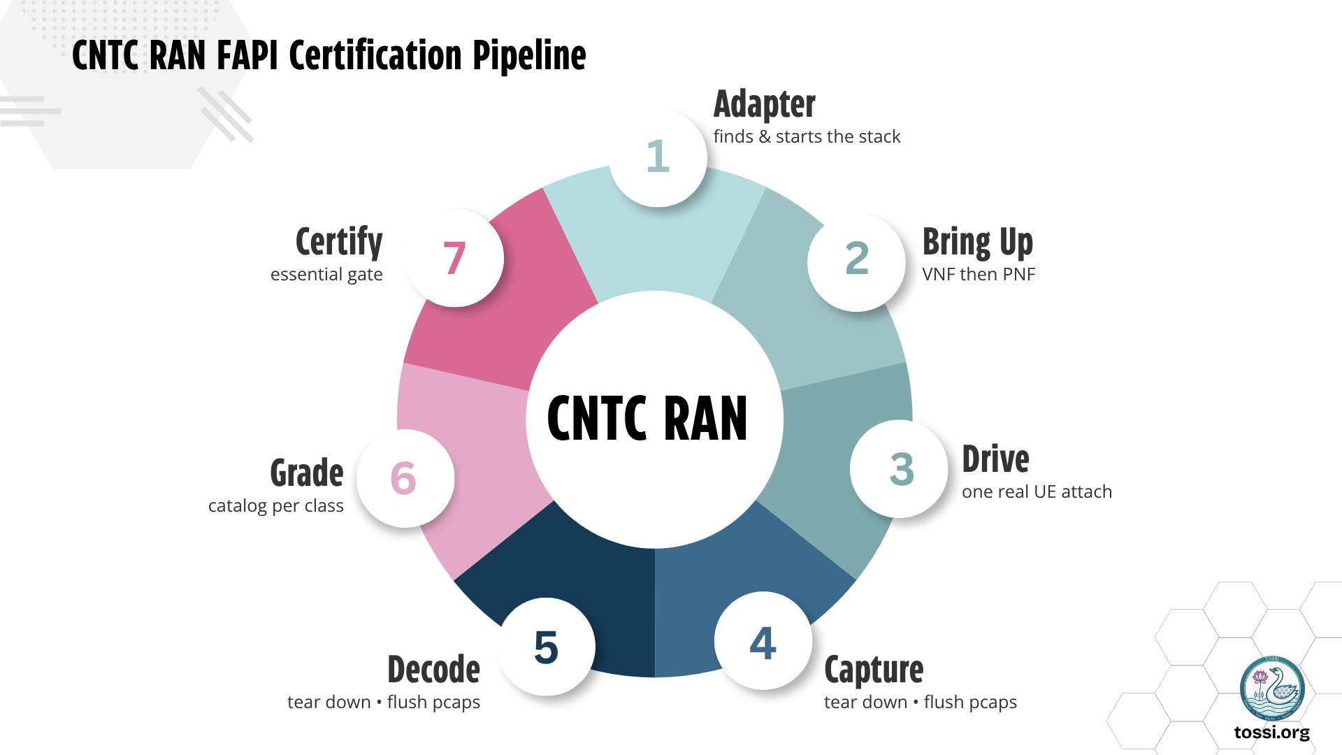 The CNTC RAN FAPI certification pipeline as a seven-segment wheel around a CNTC RAN hub. Stage one, adapter, finds and starts the stack. Stage two, bring up, starts the VNF then the PNF. Stage three, drive, runs one real UE attach. Stage four, capture, tears down and flushes the pcaps. Stage five, decode, also tears down and flushes the pcaps. Stage six, grade, applies a catalog per class. Stage seven, certify, applies the essential gate.
