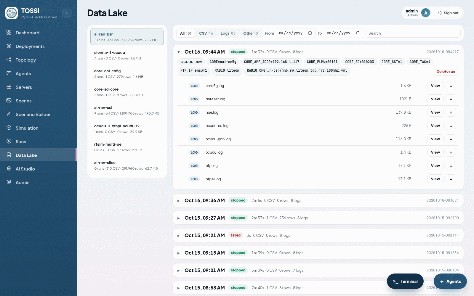 The Data Lake page. A left column lists one entry per stack with the number of runs, CSV files, rows and total size each has produced. The selected stack expands into its runs, newest first, each showing its outcome, duration, file and log counts, source branch, host and the settings it ran with as key and value tags. Inside a run, each file offers a preview of its first and last rows and a download. Filters above switch between all files, CSV files, logs and other files, with a date range and a search box.