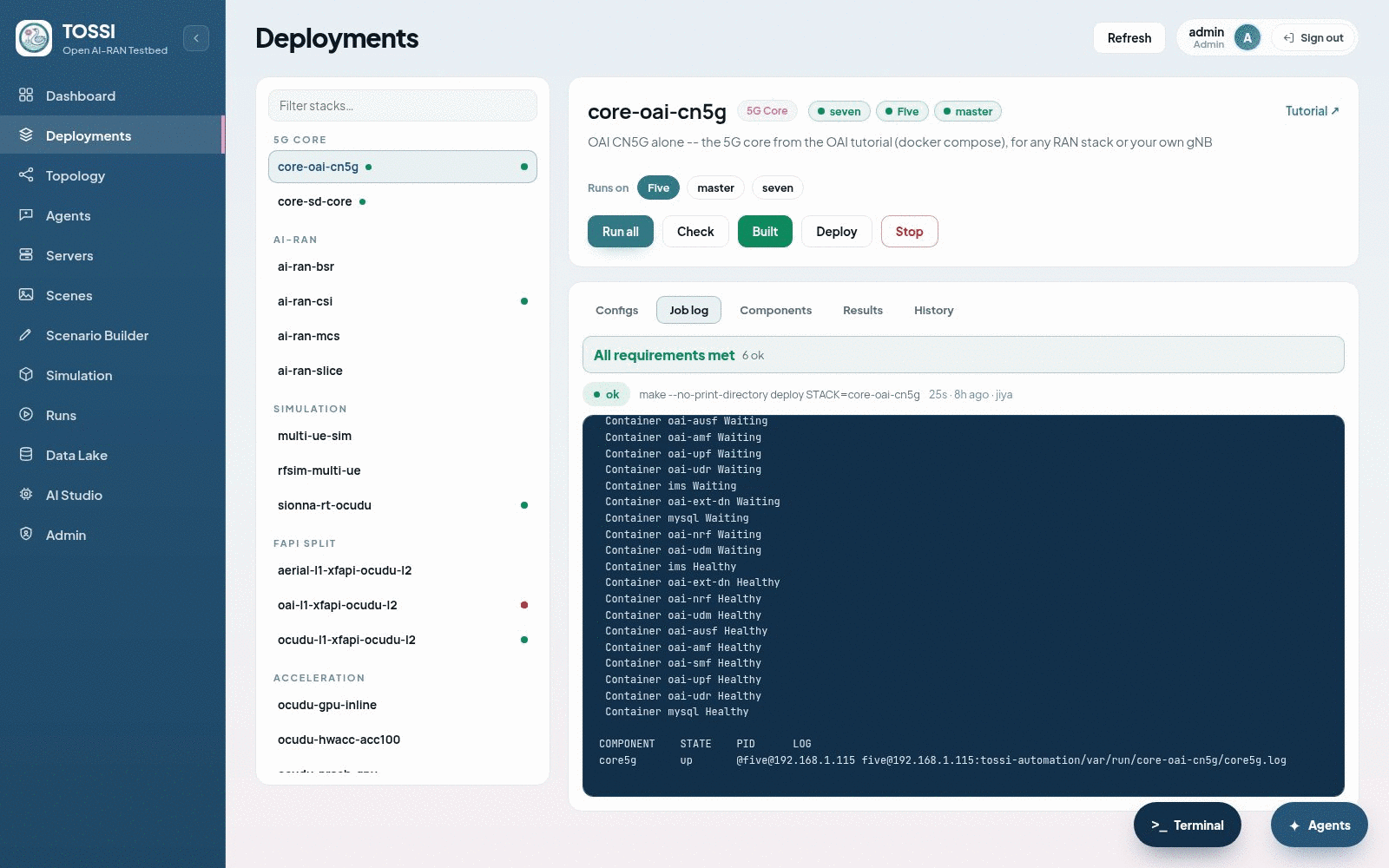 The Deployments page with a job log open. A left column lists the stacks grouped by family, 5G Core, AI-RAN, Simulation, FAPI split and Acceleration, each entry carrying a status dot. The selected stack is a 5G core stack, with its description, a tutorial link, a row of server chips under Runs on, and the action buttons Run all, Check, Built, Deploy and Stop. Tabs below offer Configs, Job log, Components, Results and History. The job log reports all requirements met, shows the exact make command that was run with its duration and user, and streams the container start-up lines as each network function moves from Waiting to Healthy. A component table at the bottom gives the component name, its state as up, the process id and the path of its log.